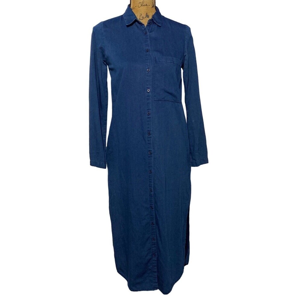 Trafaluc Collection Zara Shirt Dress XS Denim Blue Long Midi Pockets 3/4 Sl CUTE